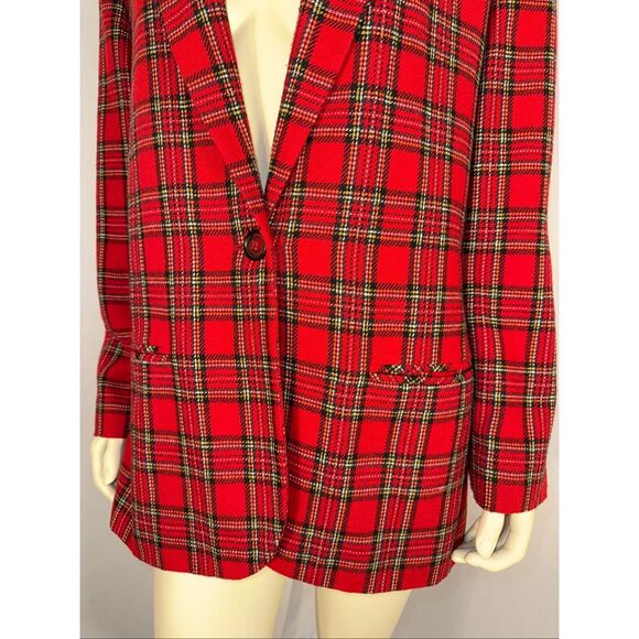 Vintage Sag Harbor Red Plaid Wool Blend Blazer with Black Velvet Collar – Size 1 - Picture 4 of 16
